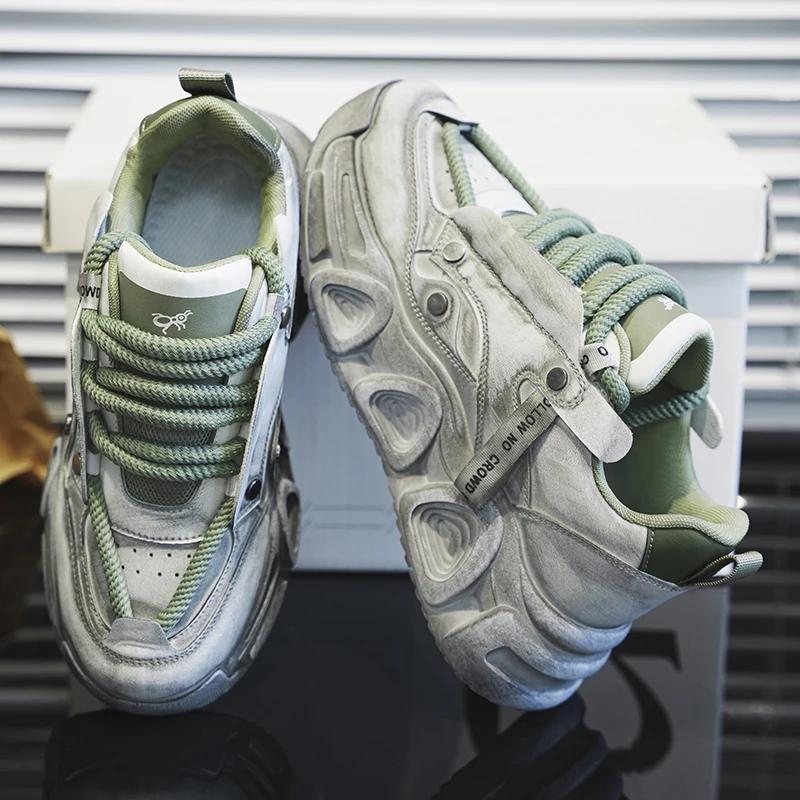 Chunky Sneaker Men Designer Distressed Sport Shoes Fashion Casual Leather Fabric Breathable Height Increased Flat Platform Shoes
