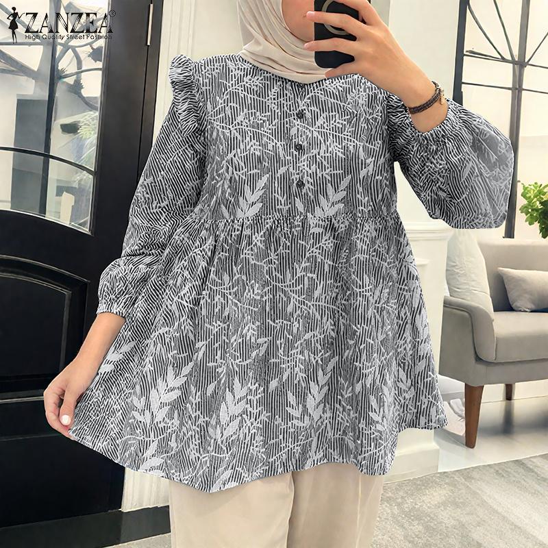 ZANZEA Women Casual Round Neck Loose Long Sleeve Print Blouse