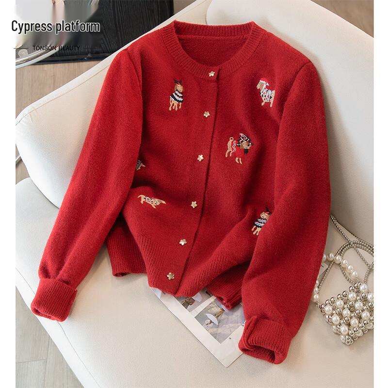 

Women s Autumn Cartoon Embroidered Red Knit Cardigan One Size