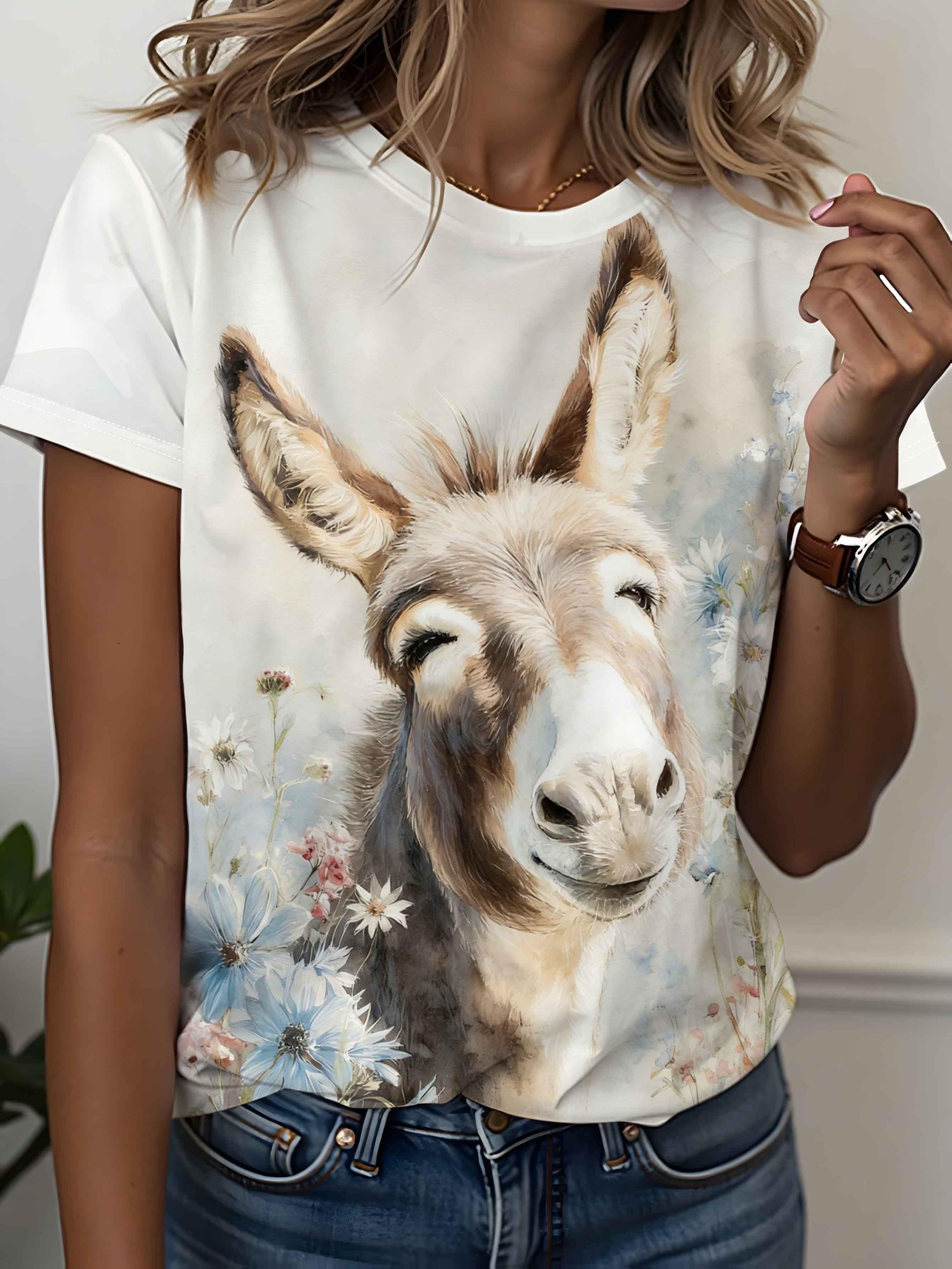 

Women s T-shirt - Fit - Versatile Watercolor Style Donkey and Floral Print T-shirt for Women. Loose Fit Casual Artistic Top. Suitable for Spring. Summ 3XL дубильна кора