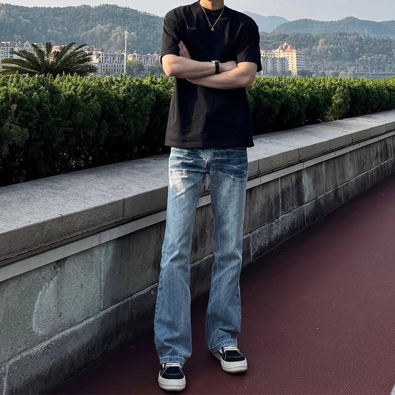 Trend mid-waist micro-elastic new daily washing quality semi-elastic waist straight through jeans men's fashion
