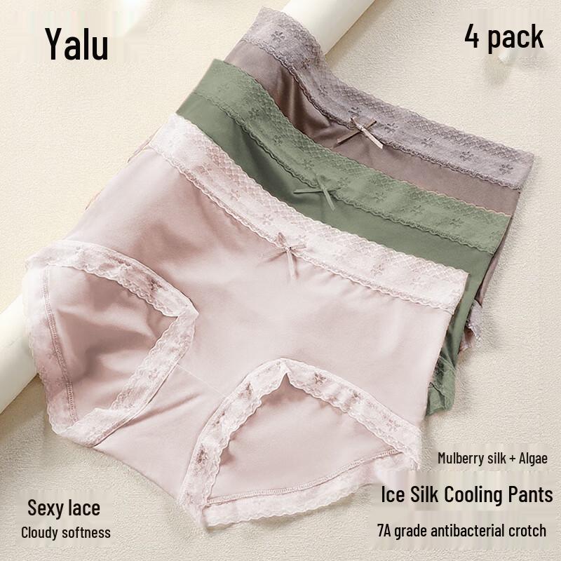 

Yalu Women s Lace Mid-Waist Breathable Mulberry Silk Crotch Panties (4-Pack) L