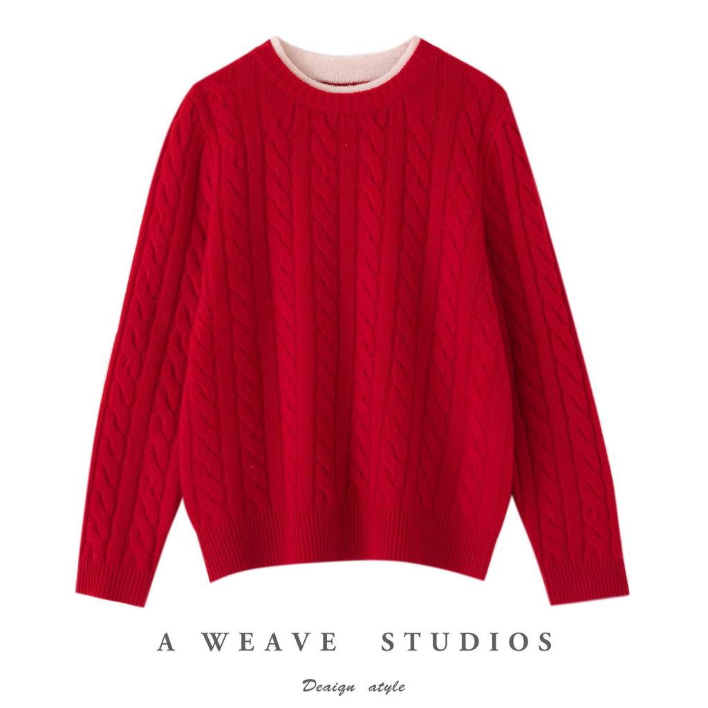 Women's Color-Block Pure Wool Sweater, Cable Knit, Thickened, Loose Fit, Slimming Pullover