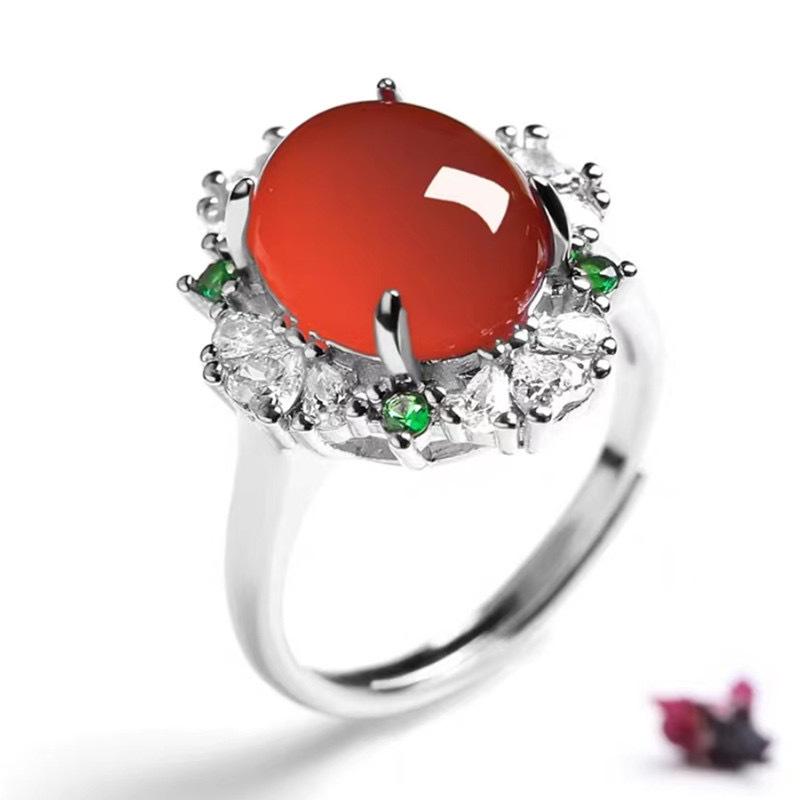 Bague Ajustable Calcédoine & Agate de Glace Forme Libre pour Femmes avec Incrustations en Forme d'Œuf et Placage Argent 925