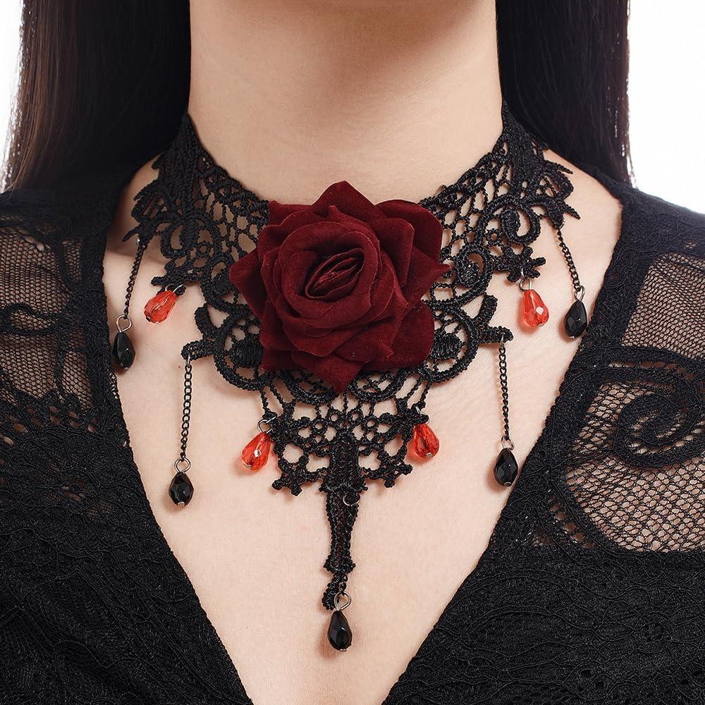 Gotischer Schwarzer Spitze Rote Rose Blume Choker Halskette Vintage Kristall Anhänger Kragen Kette Zubehör für Halloween Hochzeit Brautparty