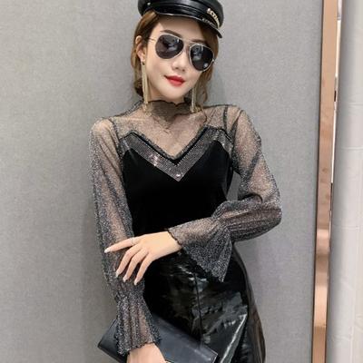 Women's Spring/Fall Lace Top with Mesh Long Sleeves Elegant Base Layer
