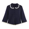 European and American Women's Clothing, Fashionable Versatile Lace Trim Small Round Lapel Neck Knitted Jacket 9598226
