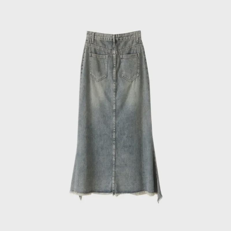 Halblanger Retro-Jeansrock in A-Linie mit Fischschwanz und Raw-Edge-Design für Damen