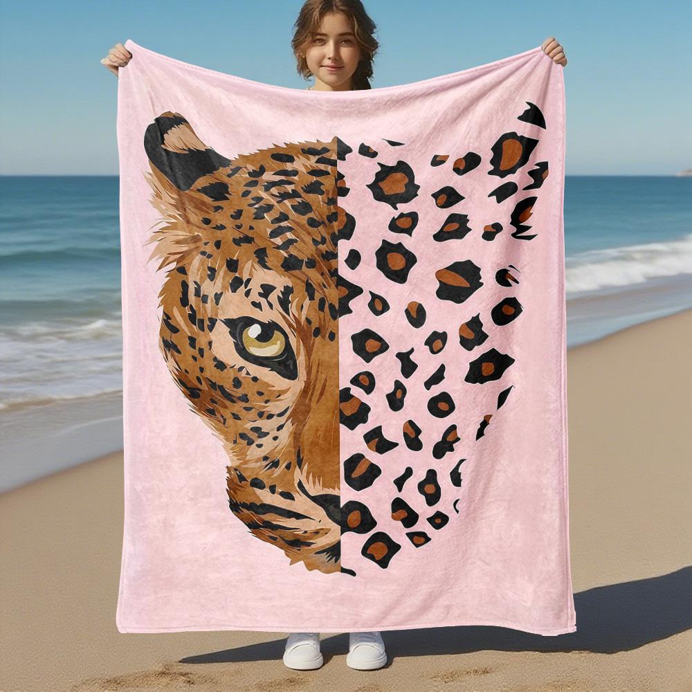 1pc Leopard Print Outdoor Flannel Blanket Soft Warm All-Season Throw for Sofa Bed Car Camping Office, Cozy Gift Idea1314S