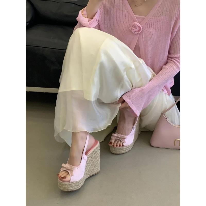 Aneikeh Summer Thick Soled Grass Woven High Heels Casual Retro Roman Sandals Polka Butterfly-kont Wedge Platform Woman Sandals
