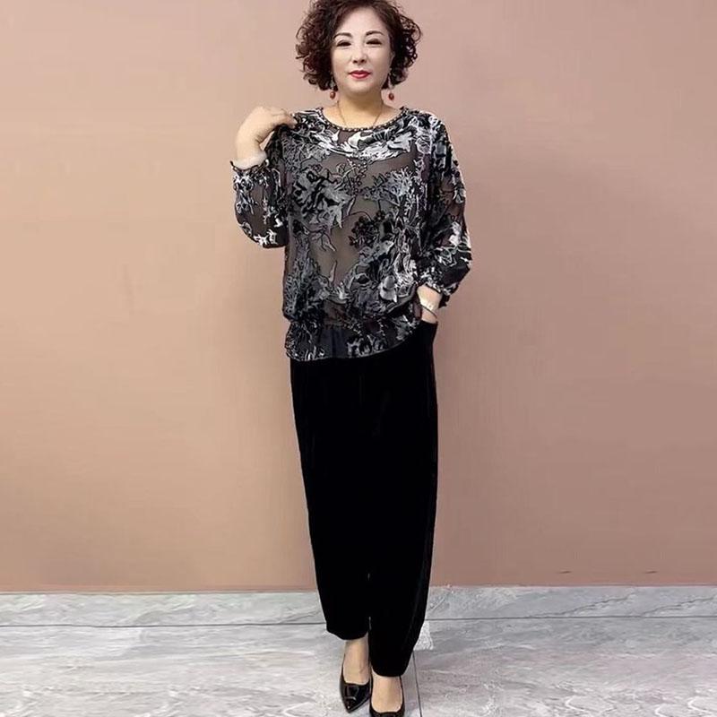 2PCS Pants Suts Spring Summer High-end Women's Printed Plus-Size Silk Blouse Velvet Pants Two-Piece Set Loose Flocked Velvet Blouse Velvet Pants Set