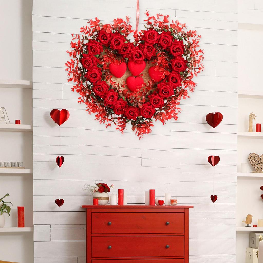Heart Shaped Wreath Valentine's Day Decoration Artificial Rose Flowers Garland for Indoor Outdoor Mantel Table Anniversary