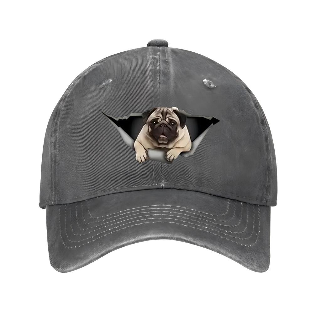 Pug Dog Peeking Out Distressed Baseball Cap Cotton Adjustable Outdoor Casual Hat for Unisex Adults