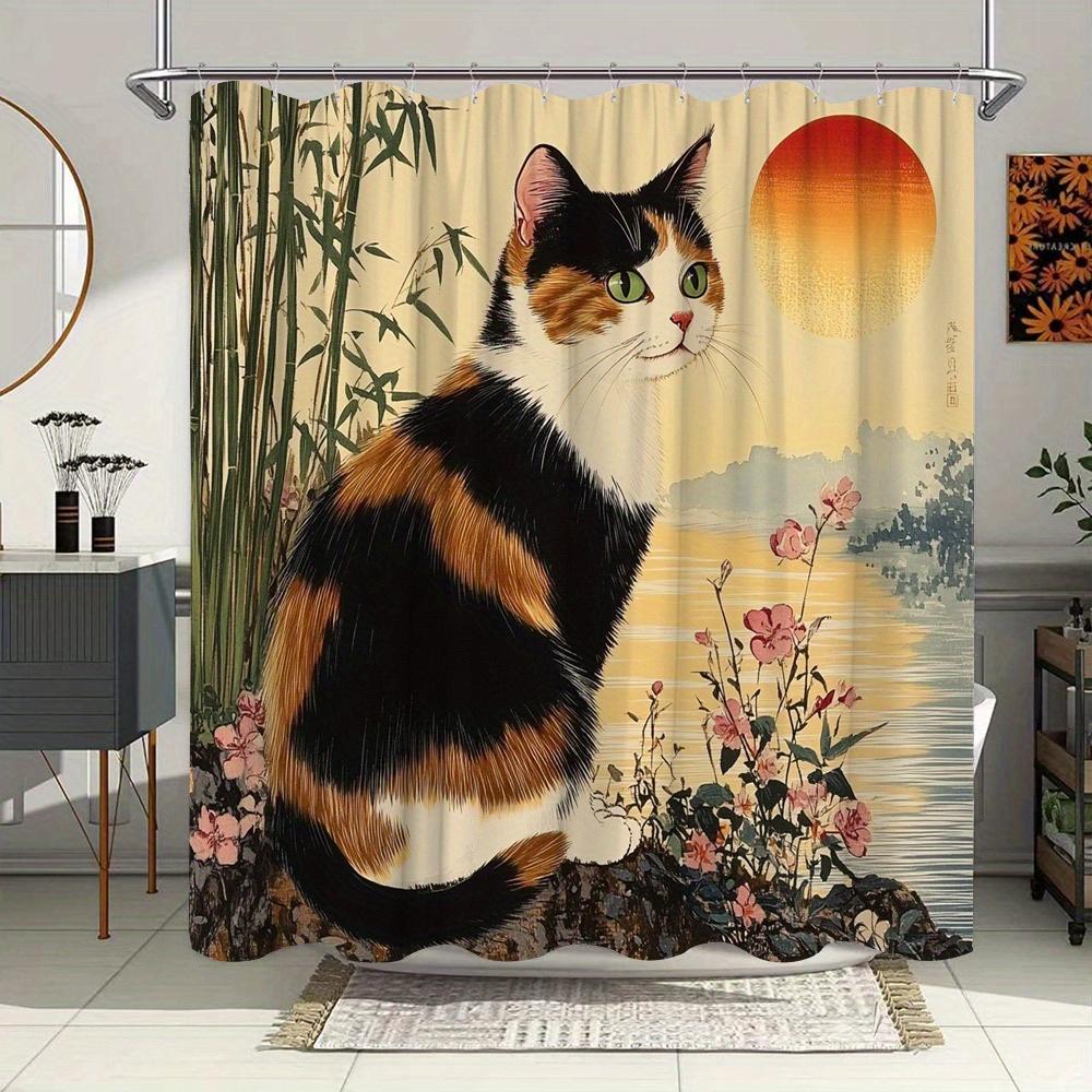 Charming Calico Cat and Sunset Waterproof Shower Curtain – Perfect for Adding a Warm and Cozy Touch to Your Bathroom Decor