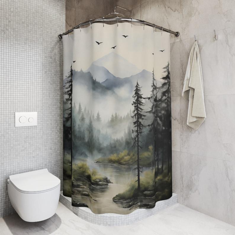 Foggy Mountain Shower Curtain – Misty Forest Woodland Design,  Gift for New Homeowners or Bathroom Redecoration