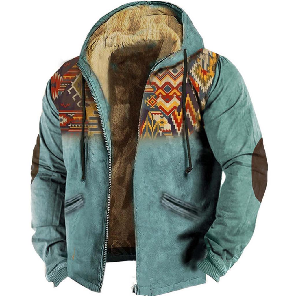Winter Men's Vintage Lamb Wool Jacket Fashion Retro Print Hooded Zipper Fleece Lined Hoodie Outwears Warm Plush Bomber Jacket