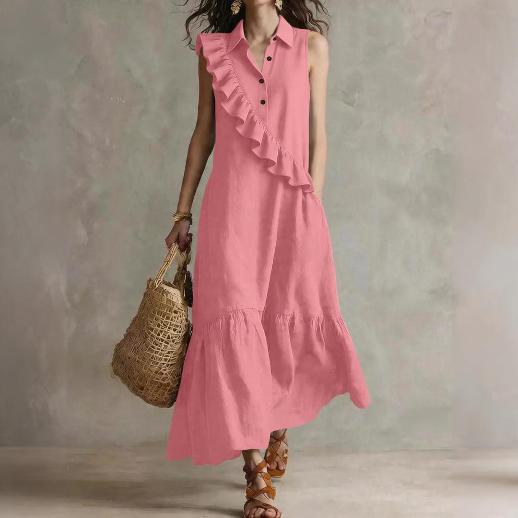 Women's Sleeveless V Neck Vintage Ruffle Midi Dress Casual Solid Relaxed Fit Summer Sundress for Daily Wear Vacation