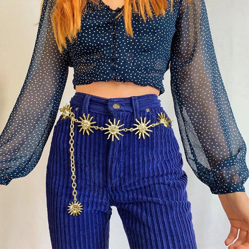Harajuku Punk Moon Metal Belts Women Vintage High Waist Chain Waist Belts Gothic Moon Sun Sliver Pendant Belts Female