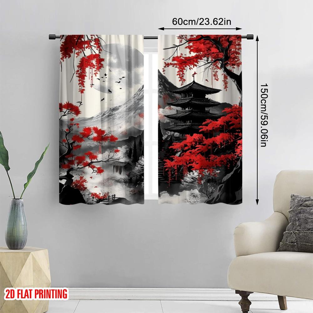 2pcs,2D Plane Printing Curtain Popular Crimson Serenity(1) Durable Polyester (without Rod) Gifts for Bedroom, Kitchen, Office &