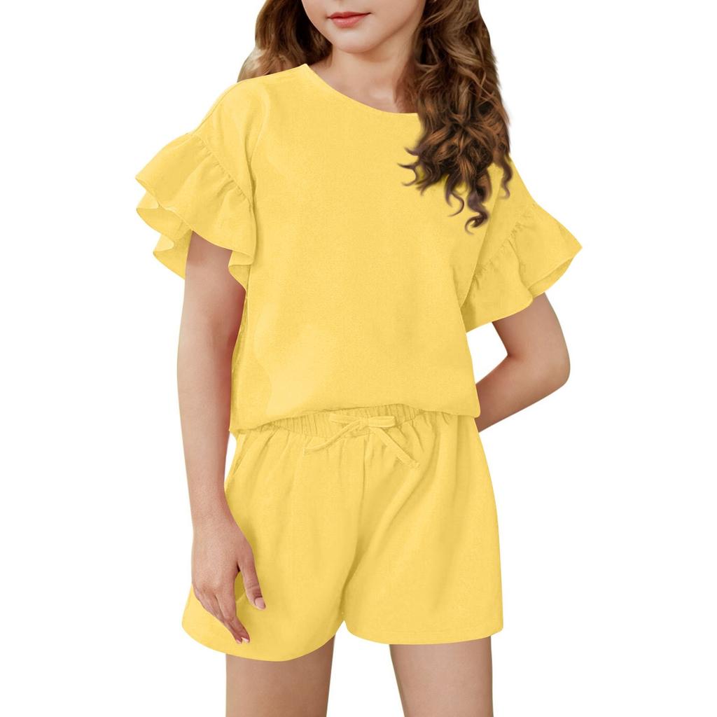 Girls' Summer Outfit Ruffle Sleeve Top And Shorts Clothing Set Lightweight Casual Two Piece