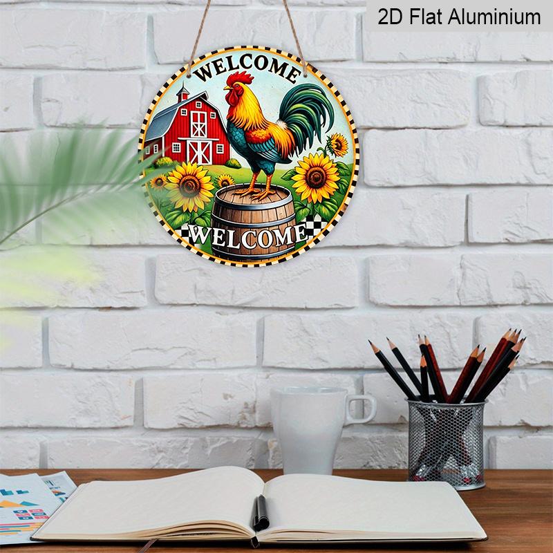 2D Flat, 1pc Round Aluminum Hanging Sign - "Welcome" Farm Rooster Metal Wall Art, Vintage Barn & Sunflower Design, Perfect for Farmhouse Decor, Front