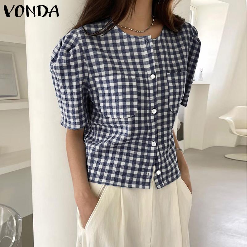 

VONDA Летние женские клетчатые топы с короткими рукавами
