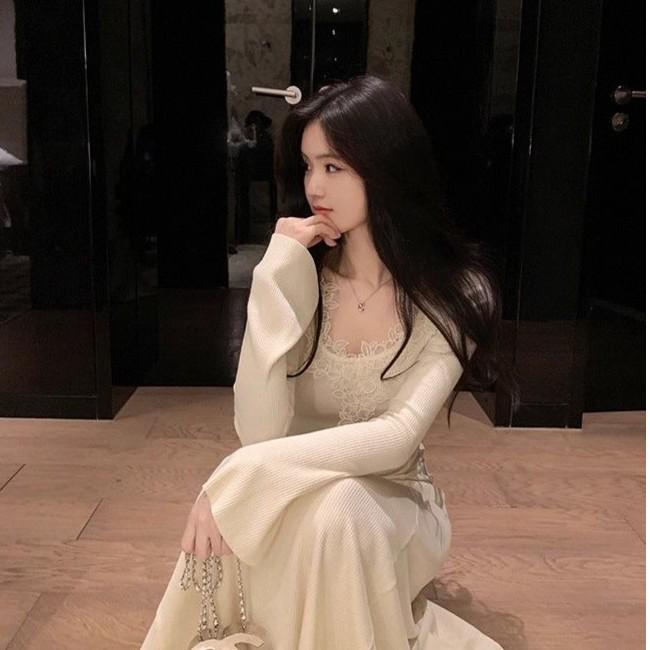 French Lace Slim U-Neck Winter Dress: Women s Retro Waist-Cinching A-Line Long Skirt. L грязно-белый