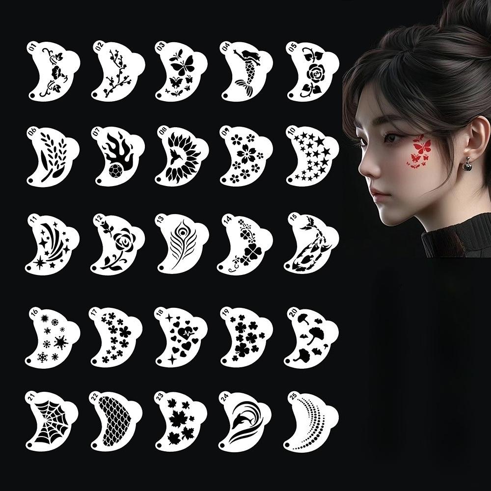 25pcs Face Painting Stencils Reusable Plastic Templates for Kids Adults Halloween Party Festivals DIY Art Design Various Pattern