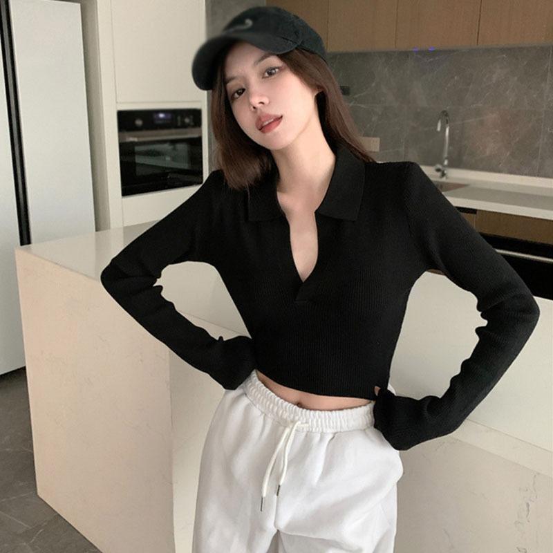 

Осенние пуловеры с отложным воротником, женские топы, винтажный шикарный однотонный уличный свитер, стильный эстетический женский свитер One Size