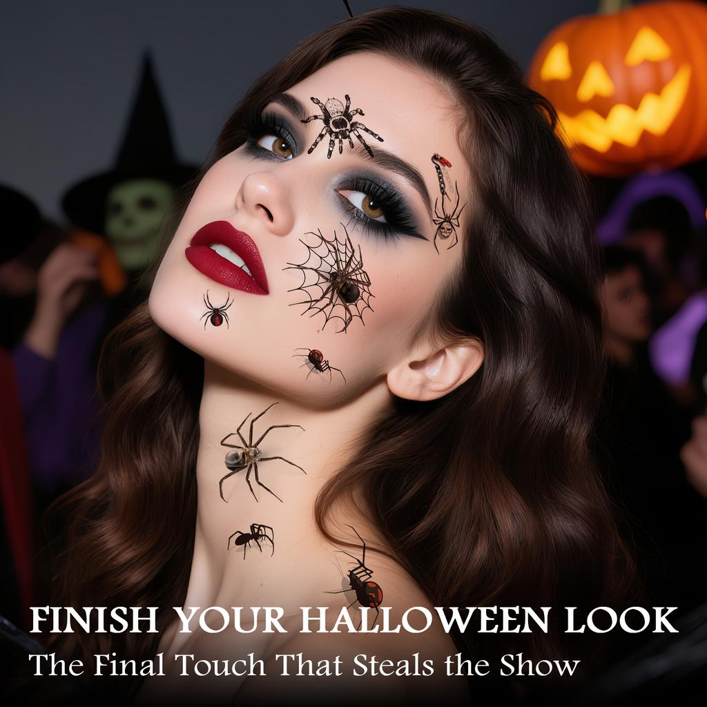 8PCS Halloween Temporary Tattoo - Designs for evil spiders, bats, pumpkins, etc., for face painting, party gifts, and decorations