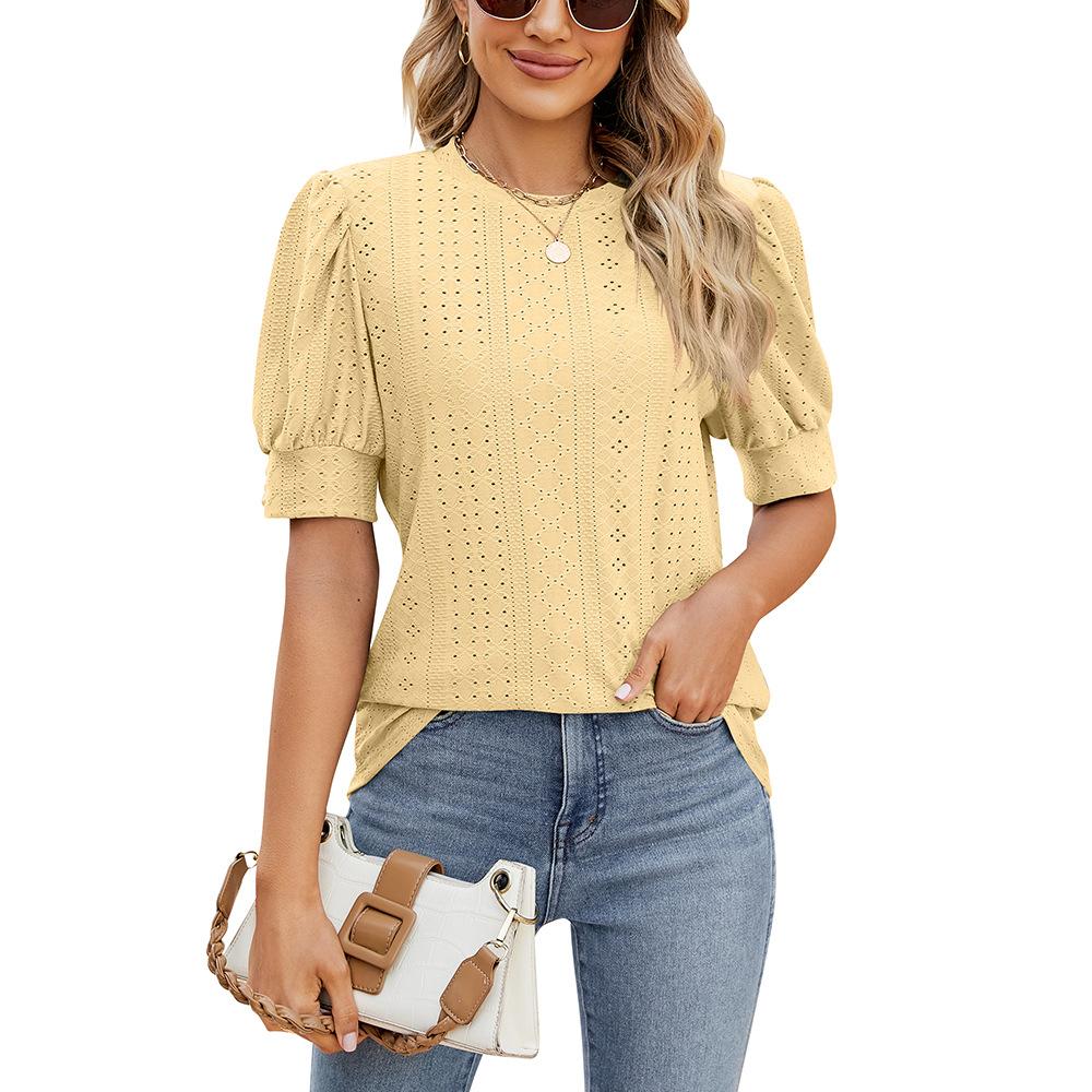 Women Button Puff Sleeve O Neck Breathable Solid Color Pullover T Shirt Blouse Top
