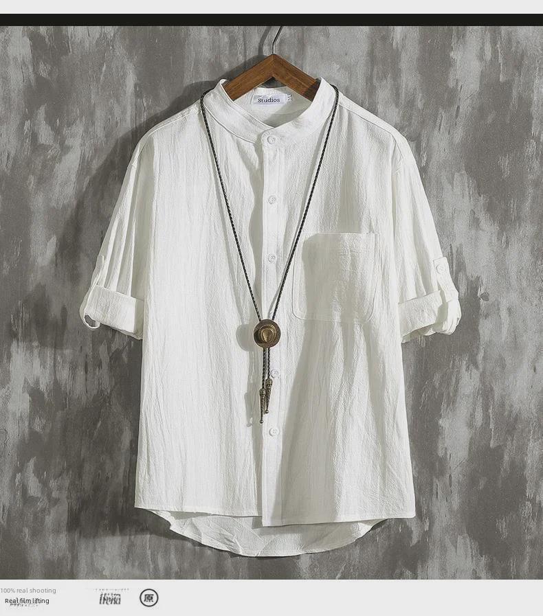 Men's Trendy White Linen Three-Quarter Sleeve Shirt - Loose and Lightweight Summer Fit