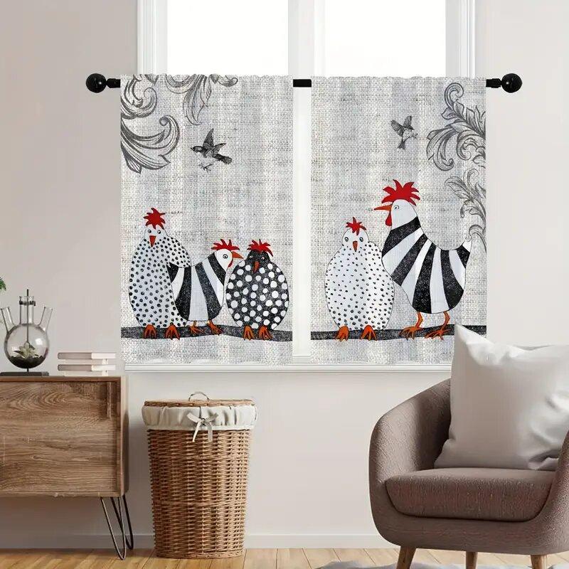 2 Bucăți - Perdele imprimate cu model abstract de pui cu buline retro, decorațiuni pentru ferestre, decorațiuni pentru casă, decorațiuni pentru cameră