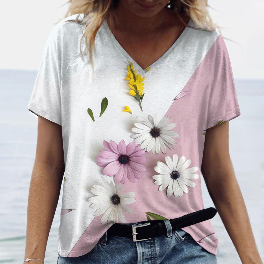 

Flower 3D printed T-shirt women s summer V-neck short sleeved T-shirt Y2K retro flower T-shirt oversized Harajuku top women s clothing 5XL