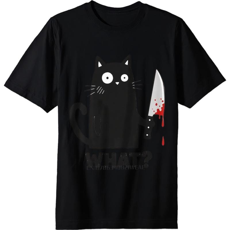 Men Brand T-shirt Oversized Summer For Man T-shirt Black Cat Holding Knife With Blood Short Sleeve Travel Crew Neck Tee Shirt