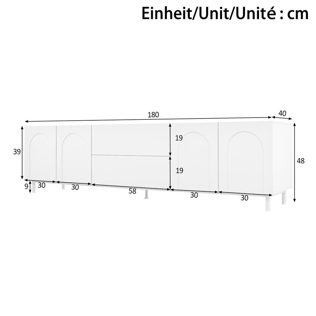 TV Cabinet with Four Doors and Two Drawers, Cabinet made of Chipboard + MDF, Steel Tube Feet, Modern Living Room Storage Cabinet with Arched Doors