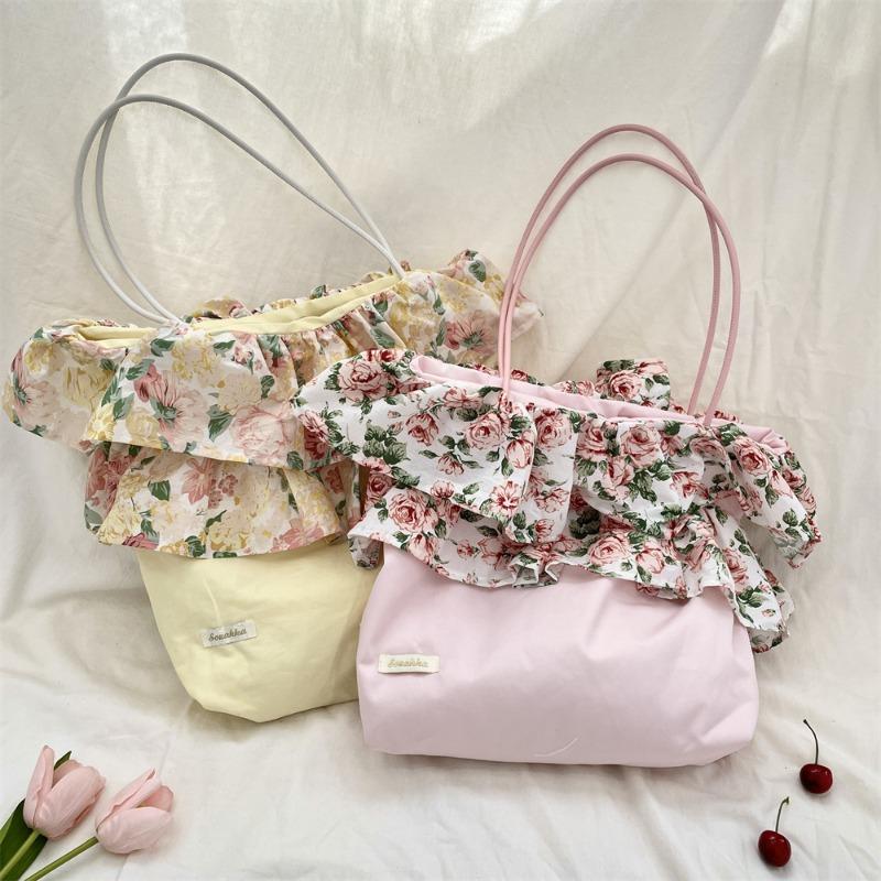 New Retro Rose Floral Splicing Shoulder Bag Women's Ruffle Edge Large-capacity Commuter Hand-held Underarm Bag