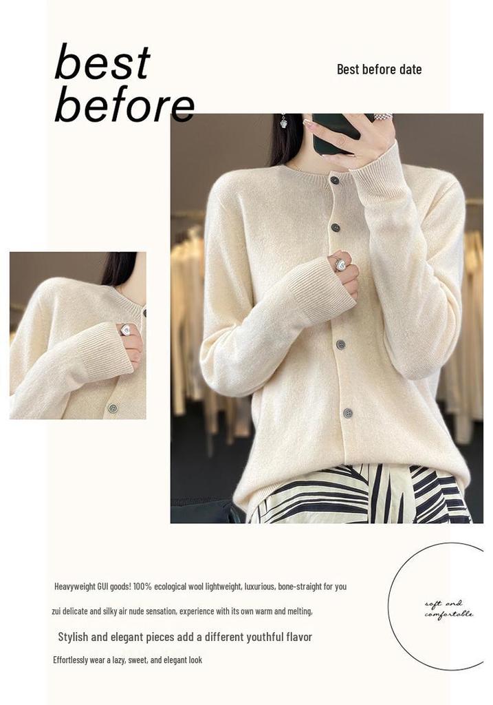 Women's Wool Cardigan: Autumn/Winter Round Neck Long Sleeve Knit Sweater, Slimming & Loose Fit