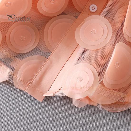 Women Summer Chiffon Shirt Lapel Lantern Long Sleeve Shirt Tops 3D Floral Print Semi-Sheer Mesh Splicing Single Breasted Blouse