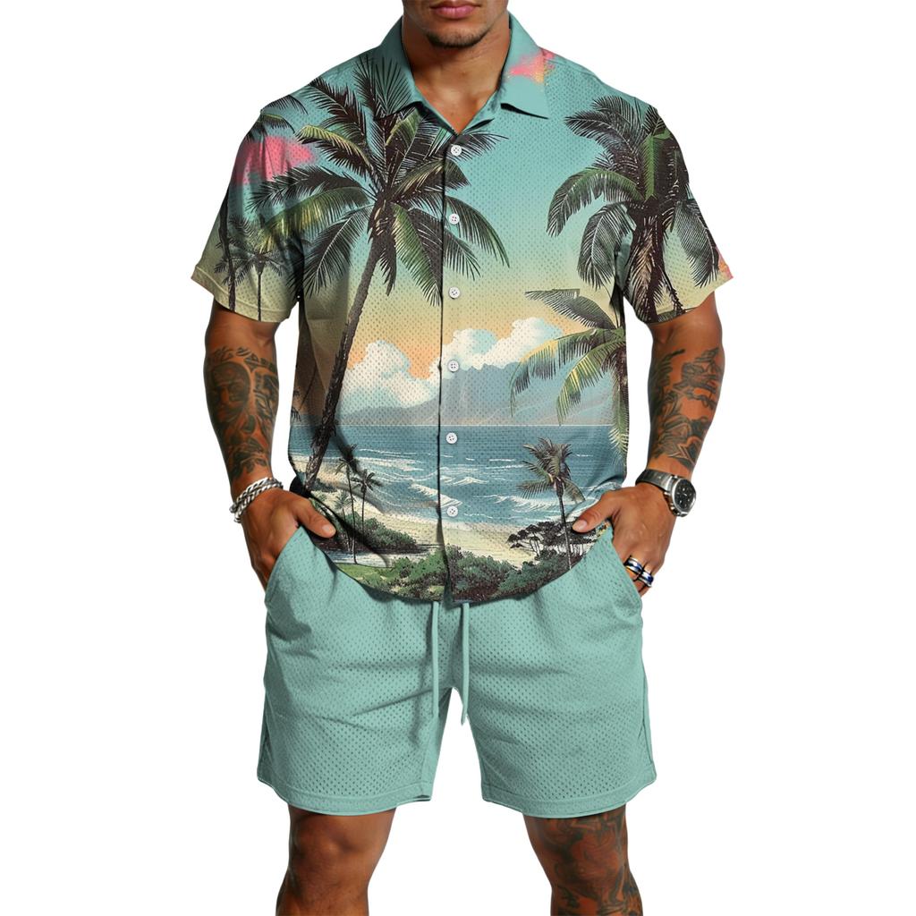 Herren Casual Leichtes Atmungsaktives Kurzarmhemd und Shorts Set