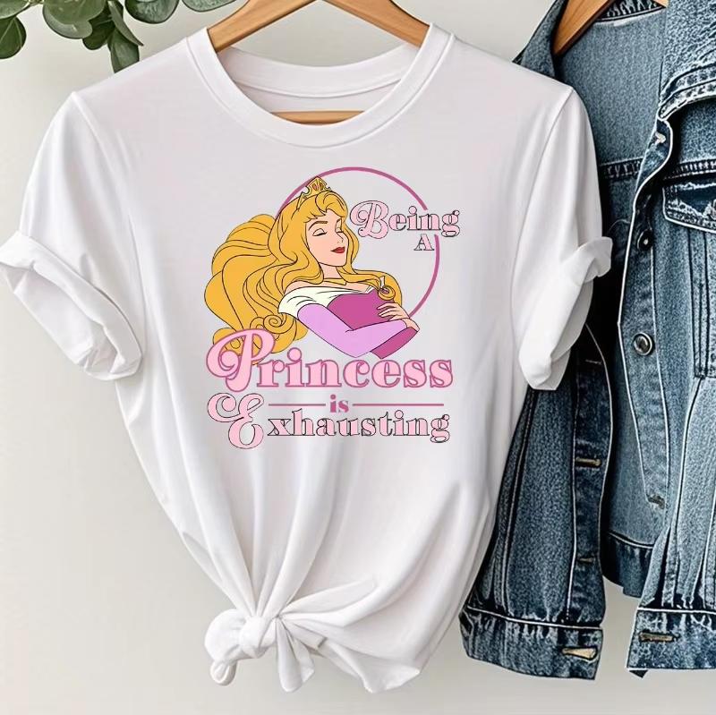 

Authorization Sleeping Beauty Princess Print Short Sleeved Shirt Lying Down Summer New Girls Round Neck Tshirt 4XL