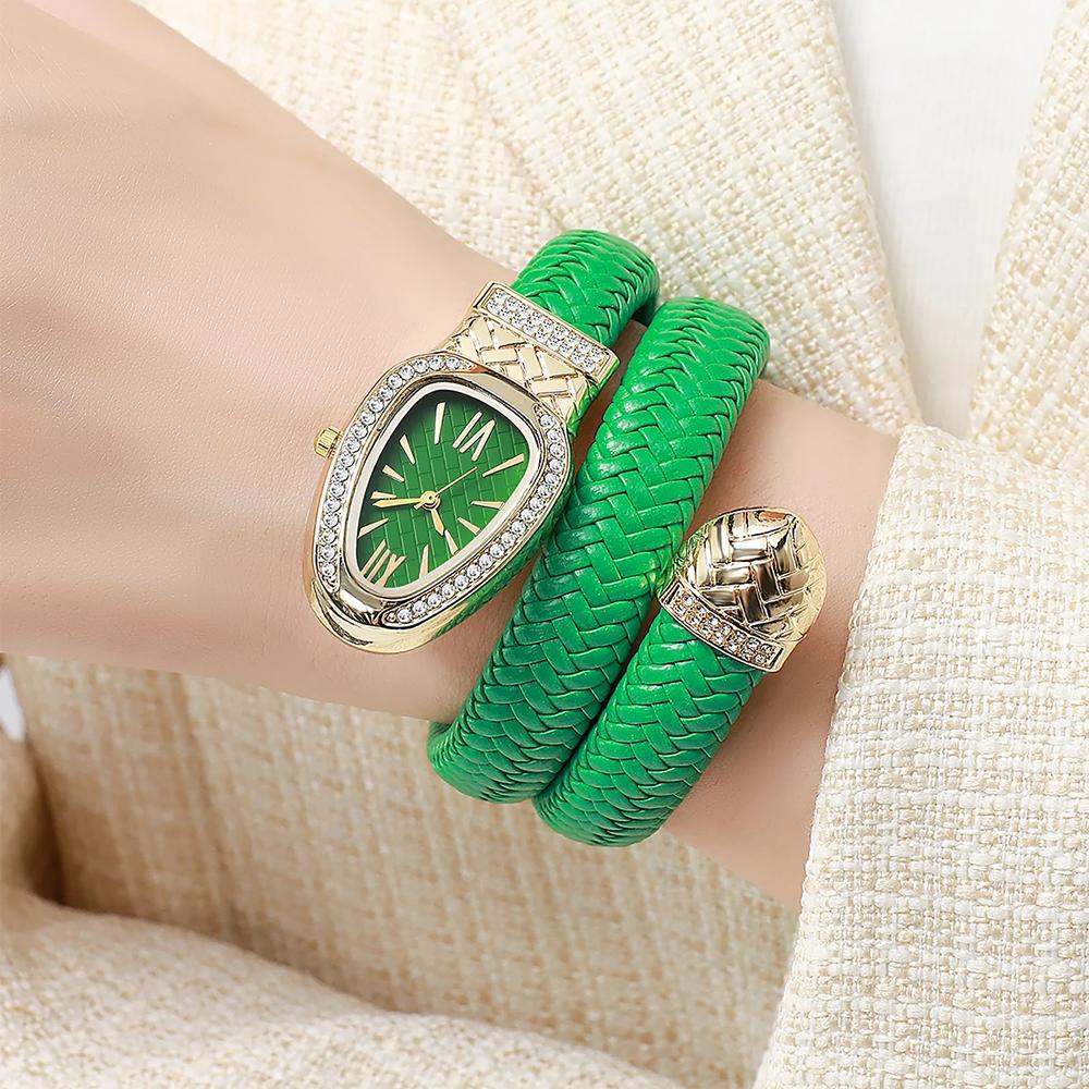 Fashion Women Snake Shape Quartz Watches Weave Luxury Rhinestone Roma Dial Wristwatch Girls Clock Reloj Mujer