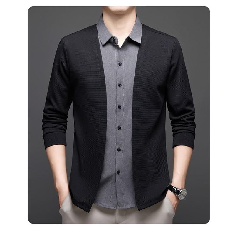 Autumn Style Micro-elastic Long-sleeved Casual Bottoming Shirt Fake Two-piece Waffle Cardigan Lapel Jacket Versatile Clothing
