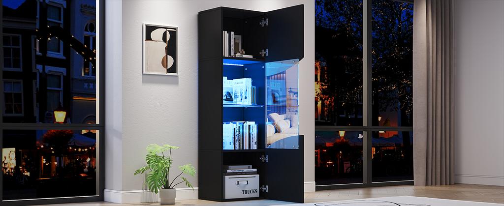 Vetrina da Soggiorno 35*50*165cm, Finitura Lucida (Porte), Alto, Ampio Spazio di Archiviazione e Illuminazione a LED, Design della Superficie Ondulata ad Arco Concavo, Nero