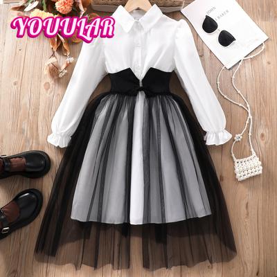 New Girls' Long Sleeve Lapel Waist Black Mesh Splicing Dress Teen Clothes