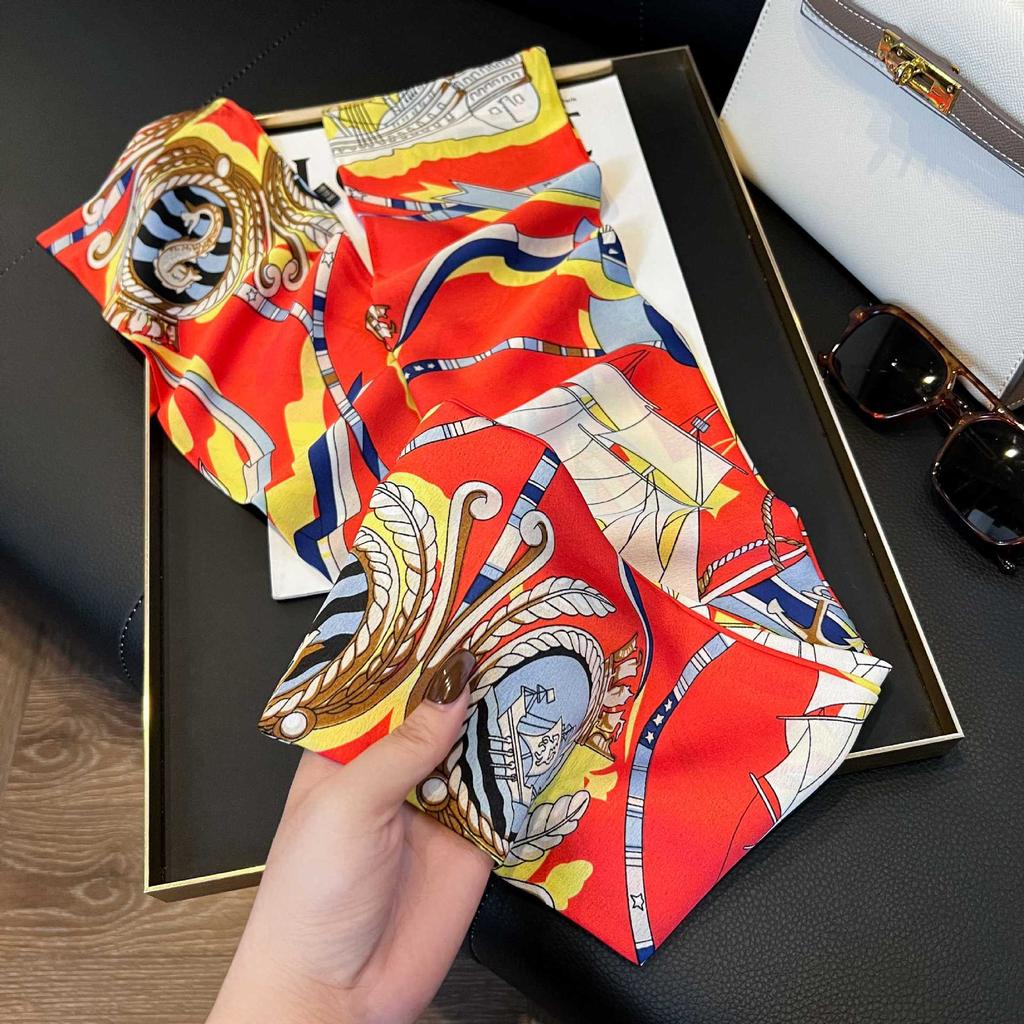 Long Silk Scarf Women's New Small Silk Scarf Printing Simulation Silk Tied Bag Streamer Explosion Sweet Little Scarf