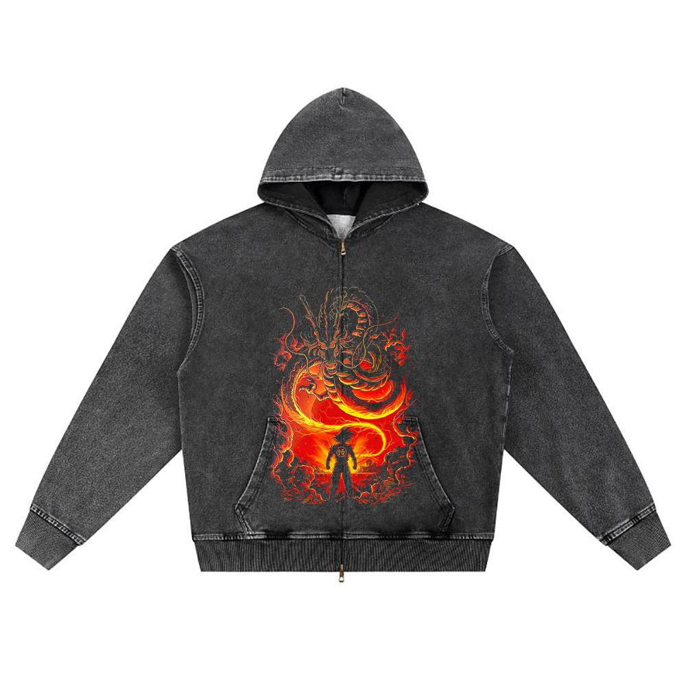 DTG Print Knitted Denim Zip-Up Hoodie Copy of Goku Sheng Long Brother Print Zipper Hoodies
