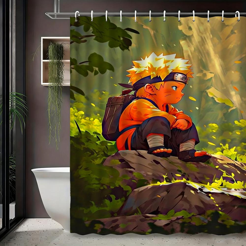 2D Flat Naruto Anime Chibi Naruto Uzumaki Sitting On Rock In Forest Print Waterproof Shower Curtain For Bathroom Decor