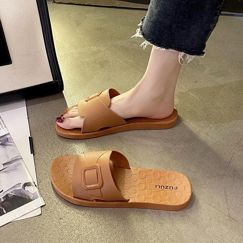 New summer women's slippers home solid color round head one-character sandals casual simple student flat slippers outside wear