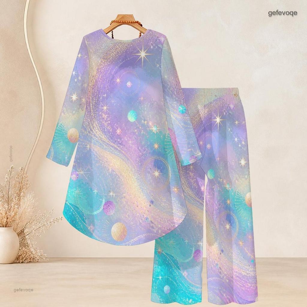 Women Plus Size Black Round Neck Long Sleeve Star Printed High Low Top Wide Leg Pants Two Piece Set